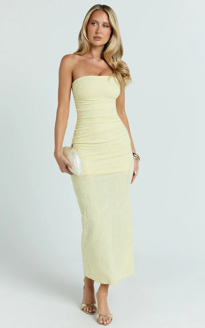Kayrene Maxi Dress - Strapless Bodycon Dress in Butter Yellow