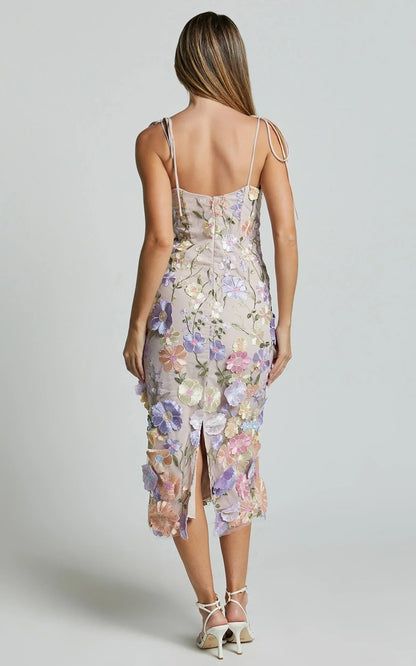 Jamich Midi Dress - Straight Neck Tie Strap Pencil Dress in Soft Pink