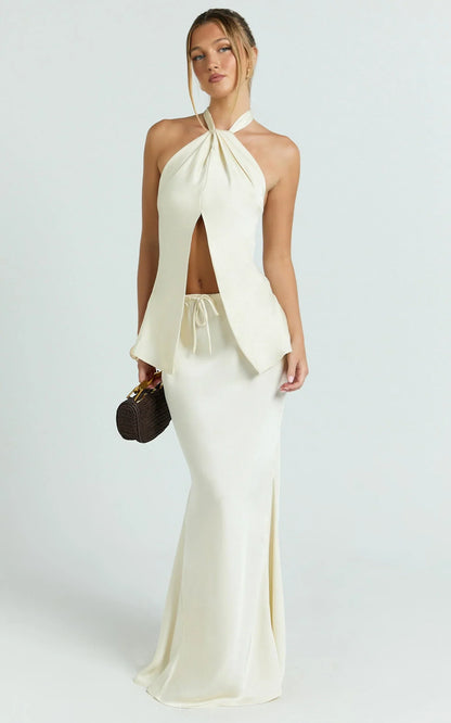 Jenna Top - Halter Neck Knot Detail Open Front Top in Oyster