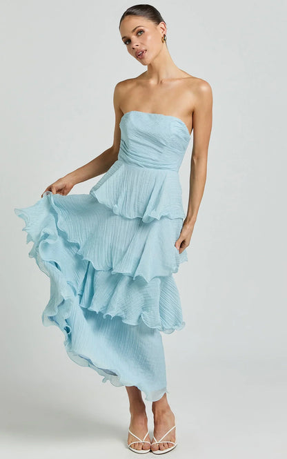 Jaiden Midi Dress - Strappless Layered Dress in Blue