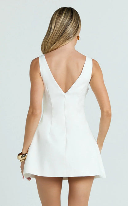Izzy Mini Dress - Gold Trims Feature Tulip Skirt Dress in White