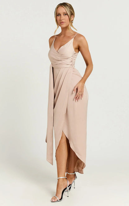 How Will I Know Midi Dress - Wrap Waist Tie Tulip Hem Dress in Champagne