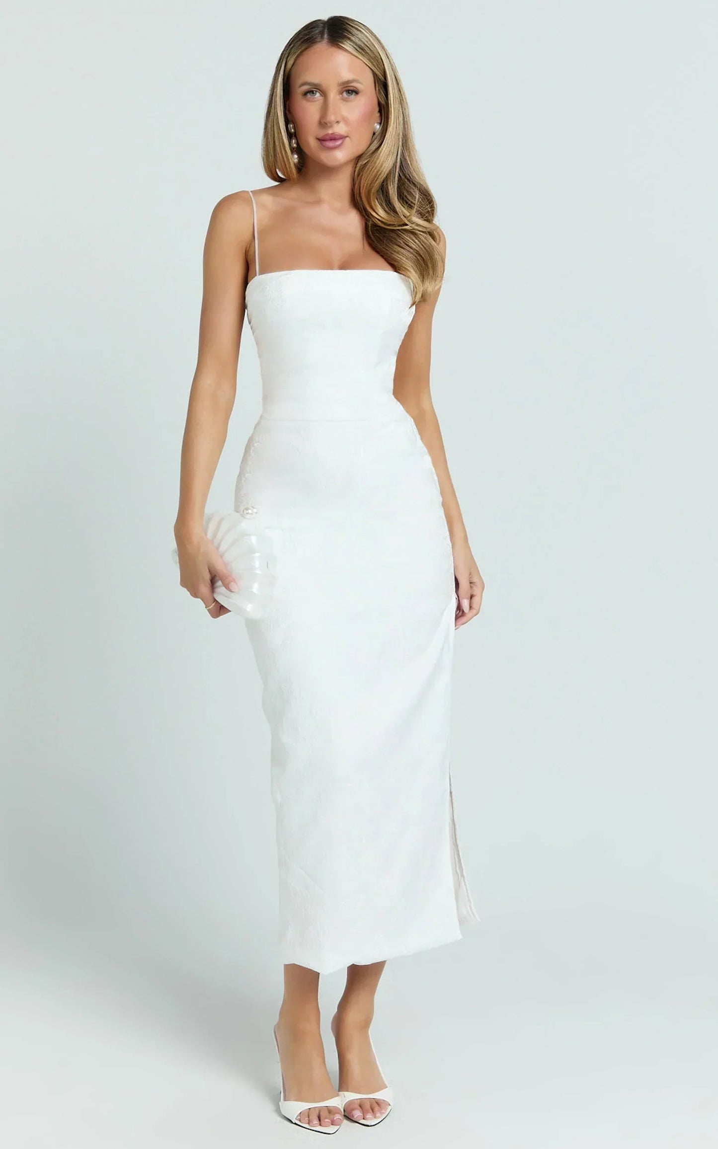 Indiana Midi Dress - Jacquard Square Neck Lace Back Fitted Dress in White