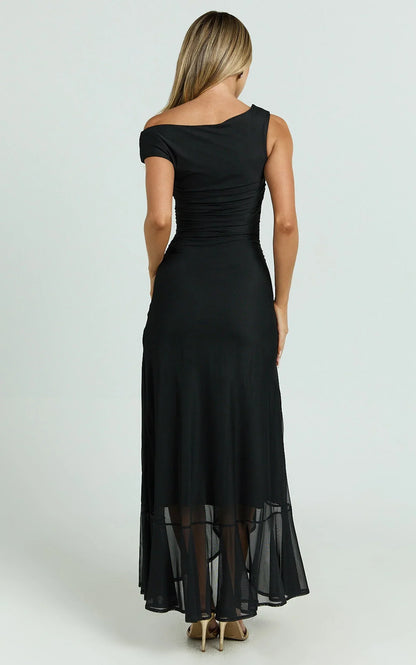 Judee Midi Dress - One Shoulder High Side Split Dress in Black