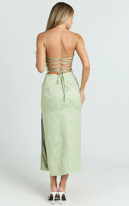 Indiana Midi Dress - Jacquard Square Neck Lace Back Fitted Dress in Green