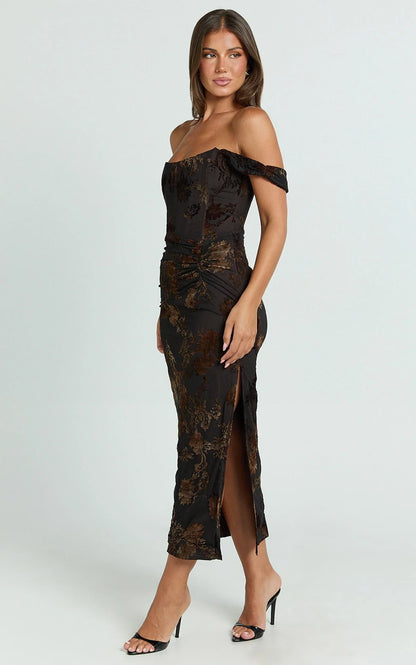Karlene Midi Dress - Ruched Corset Burnout Dress in Black and Brown