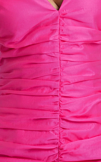 Janine Mini Dress - Gathered V Neck Dress in Pink