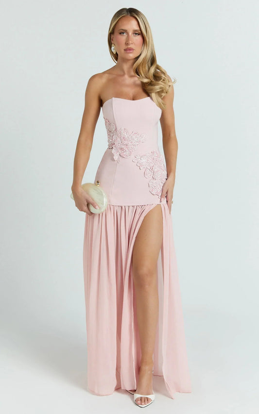 Jefferies Maxi Dress - Peplum Bodice Contrast Georgette Dress in Pink