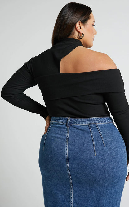 Kiefer Top - Asymmetric Long Sleeve Cutout Top in Black
