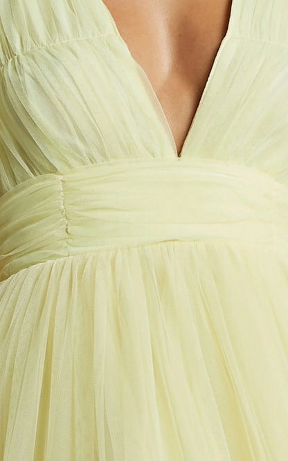 Jiraye Midi Dress - Flutter Sleeve Tuelle Plunge Dress in Lemon