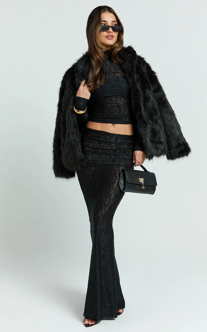 Kathleen Maxi Skirt - Mid Rise Ruched Wide Band Fishtail Jersey Skirt in Black