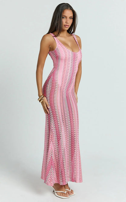 Julia Maxi Dress - Scoop Neck Low Back Bodycon Dress in Bright Pink