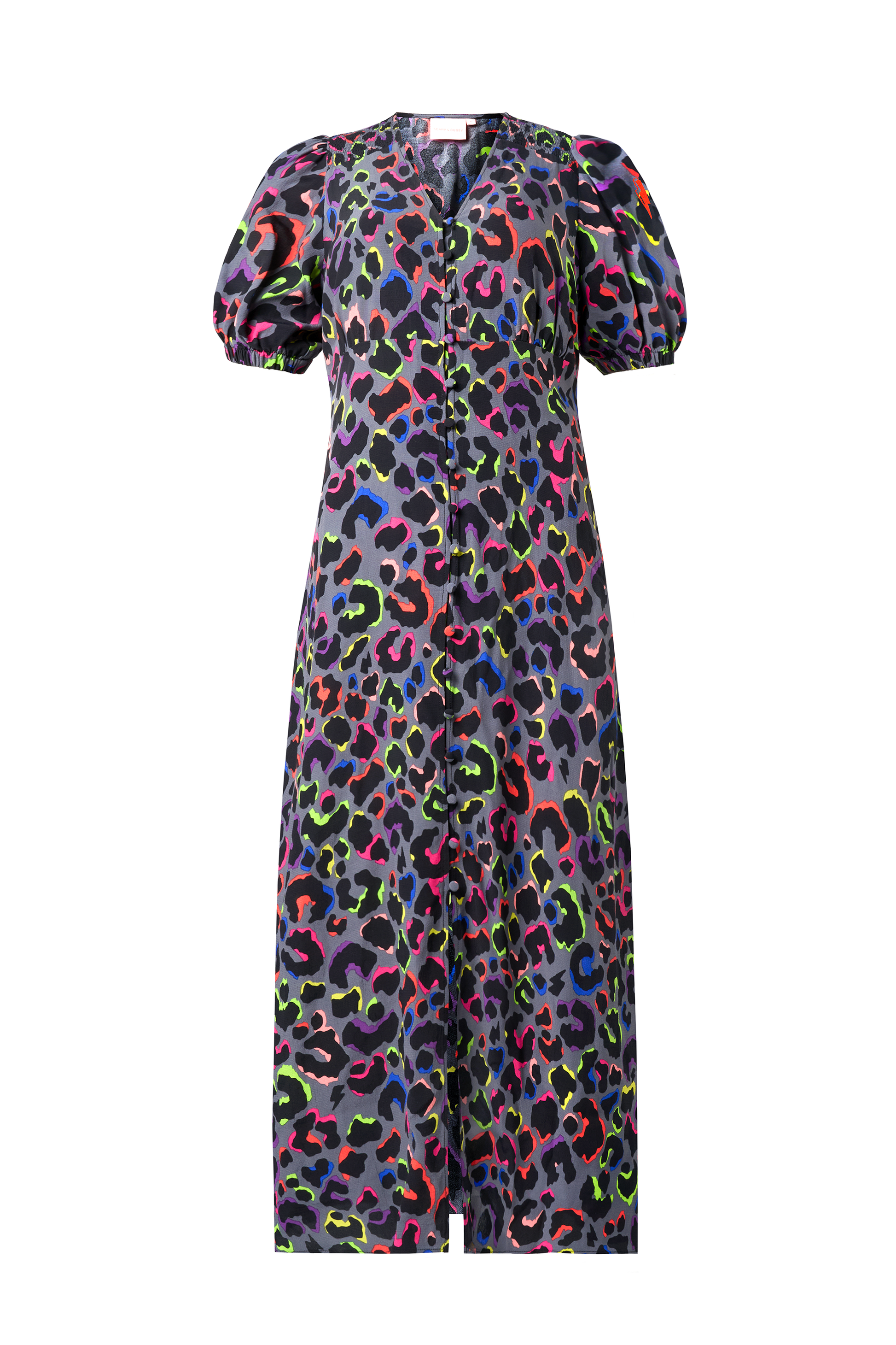Grey with Rainbow Shadow Leopard Blouson Sleeve Midi Tea Dress