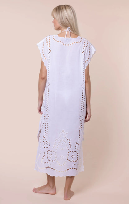 Juliet Dunn Narrow Poncho with Oversized Cutwork - white